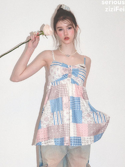Color-Blocked Floral Plaid Tank Top【s0000017674】