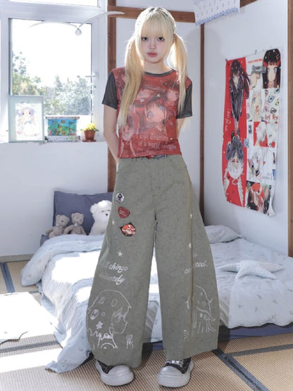 Stars Old Illustration Wide Leg Pants【s0000012202】