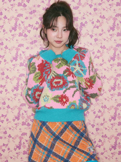 Pink Green Flower Knitted Sweater【s0000015370】