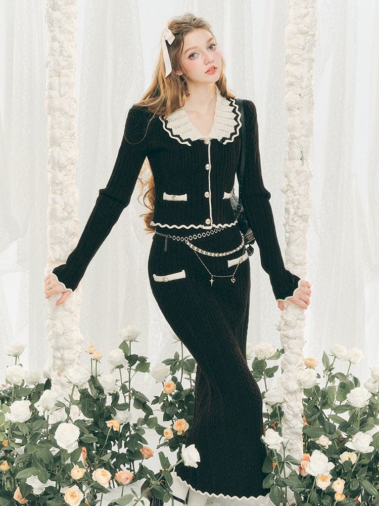 Knit Cardigan Wrap Hip Skirt Two Piece Chambray Set【s0000005286】