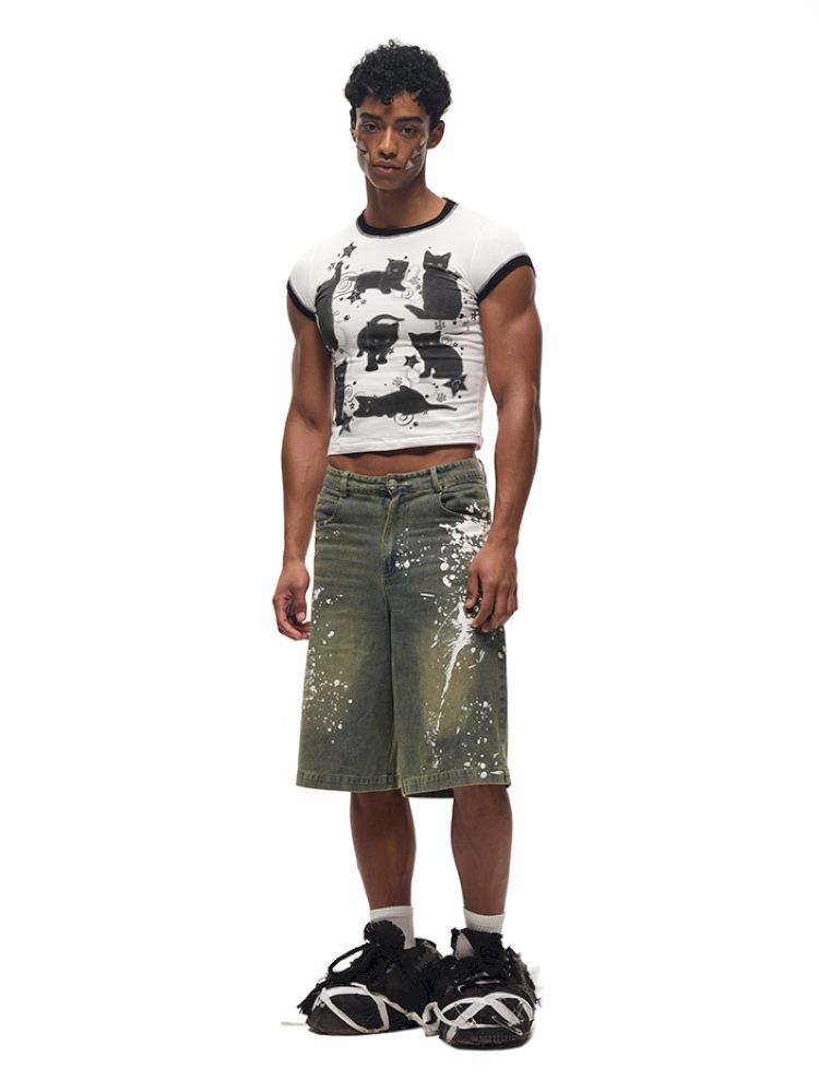 Black Cat Print Short Sleeve T-Shirt【s0000012587】