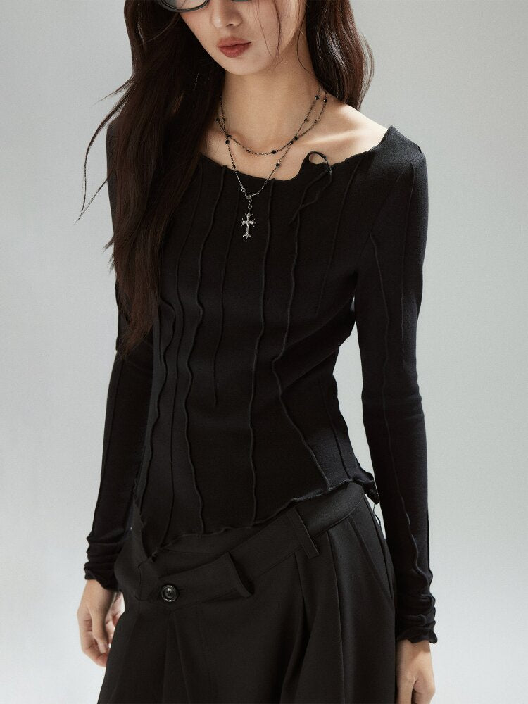 Black Panelled Split Line Top【s0000015598】