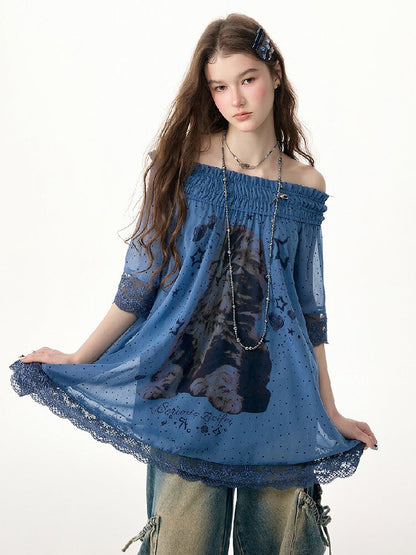 Lace Patchwork Dot Cat Print T-Shirt【s0000017306】