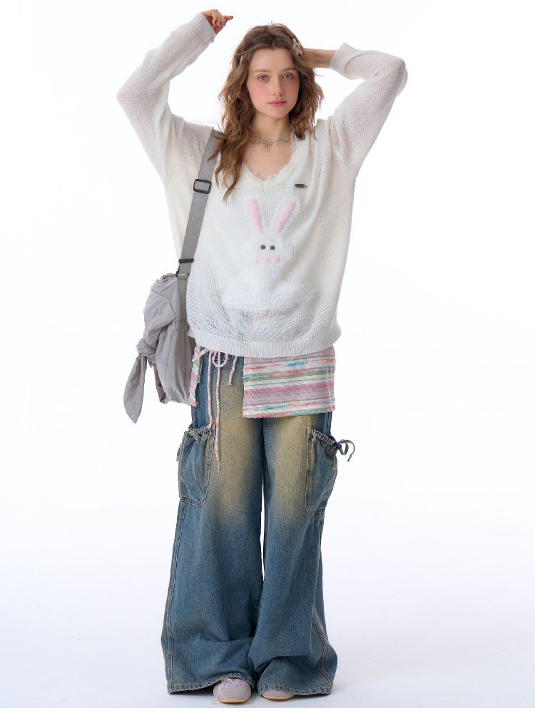 Large V-neck Knit Sunscreen Cover-up Shirt【s0000011682】