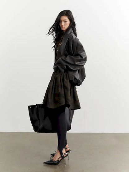 Pleated Silhouette Ebony Brown Faux Leather PU Jacket【s0000014032】