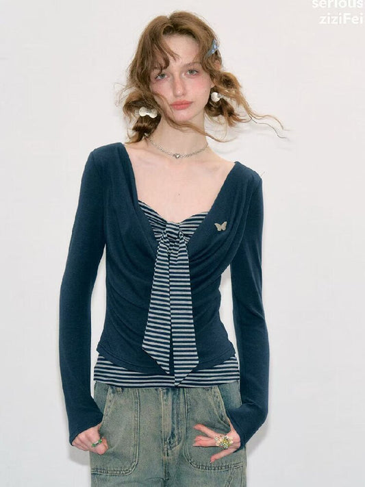 Striped Tie Knit Top Long Sleeve【s0000017880】