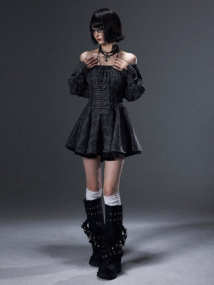 Vintage Plaid Off-Shoulder Dress【s0000018002】