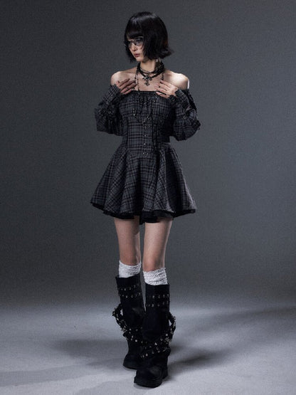 Vintage Plaid Off-Shoulder Dress【s0000018002】