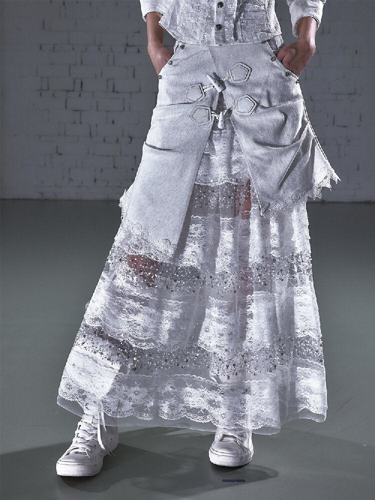 Stitched Lace Denim Maxi Skirt【s0000015940】