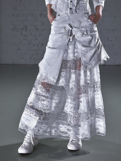 Stitched Lace Denim Maxi Skirt【s0000015940】