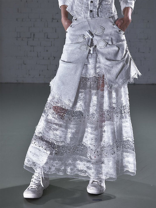 Stitched Lace Denim Maxi Skirt【s0000015940】