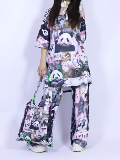 Panda Patchwork Print Off-Shoulder T-Shirt【s0000013979】