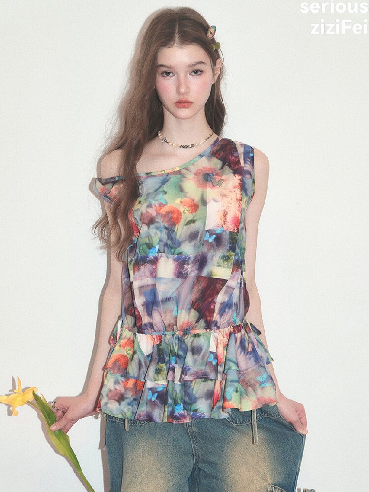 Summer Ruffle Oil Painting Vest【s0000017748】