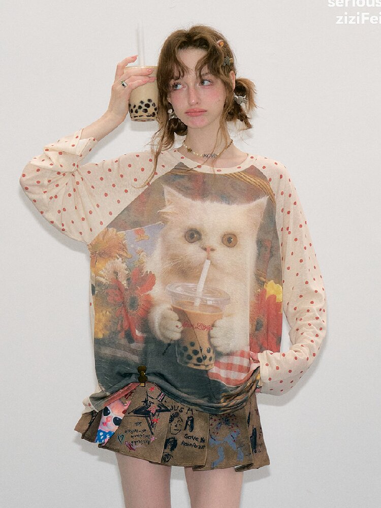 Raglan Cat Print Long Sleeve Top【s0000017886】