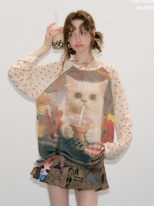 Raglan Cat Print Long Sleeve Top【s0000017886】
