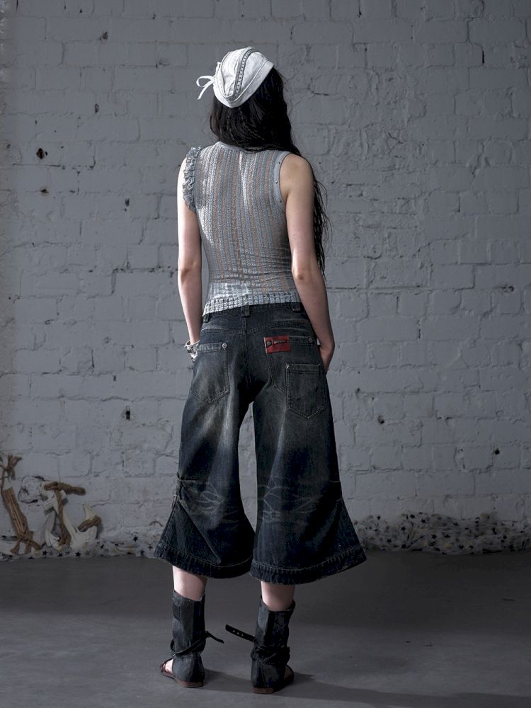 Wide-leg denim cropped pants【s0000012800】