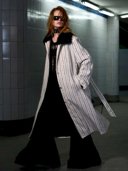 Thorn Stripe Panel Fur Collar Coat【s0000014642】