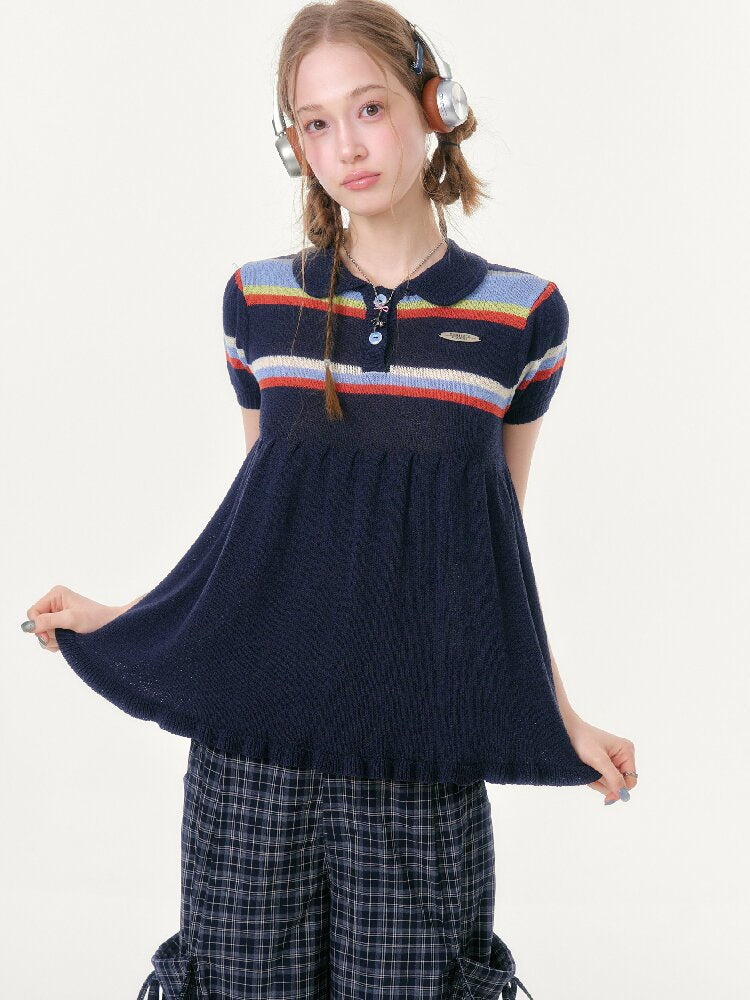 Doll Collar Knitted Slim T-Shirt【s0000016609】