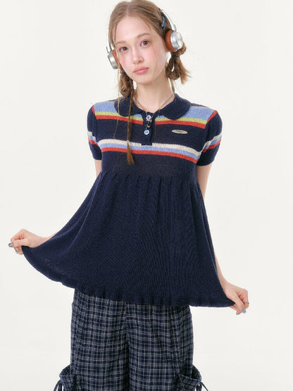 Doll Collar Knitted Slim T-Shirt【s0000016609】