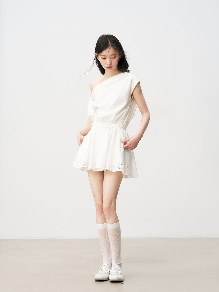 French Hollow Flower Slant Shoulder Dress【s0000013236】