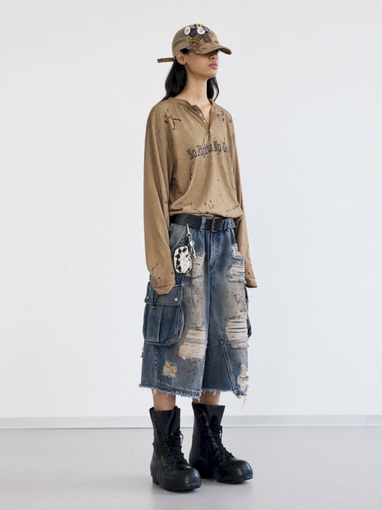 Washed and Ripped Denim Seven-Point Pants【s0000012476】