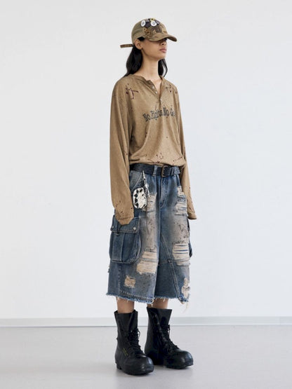 Washed and Ripped Denim Seven-Point Pants【s0000012476】