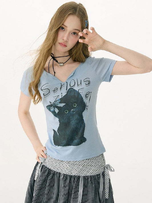 Vneck Cat Print Short Sleeve T Shirt【s0000017158】