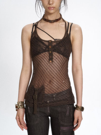 Dark Brown Sequin Mesh Halter Tank【s0000017649】