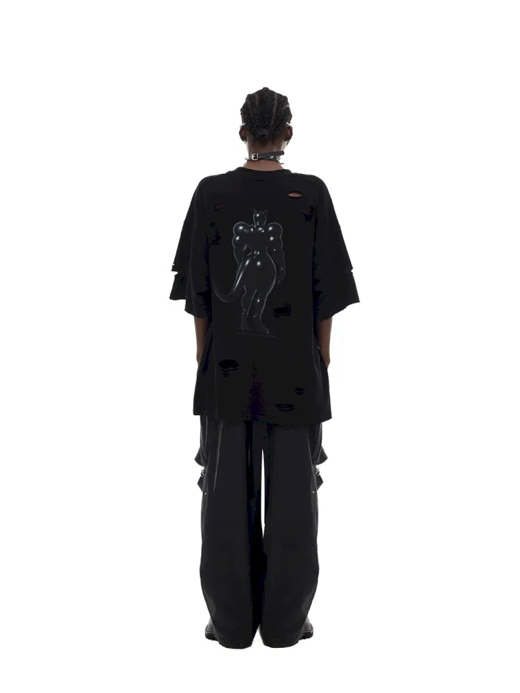 Cat Print Distressed T-Shirt with Drawstring Waist【s0000014018】
