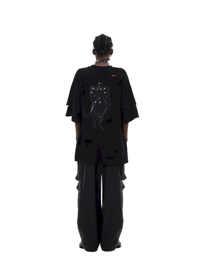 Cat Print Distressed T-Shirt with Drawstring Waist【s0000014018】