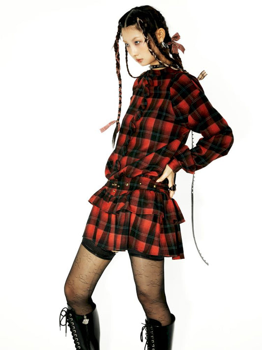 Plaid waist slimming mini cake dress【s0000006260】