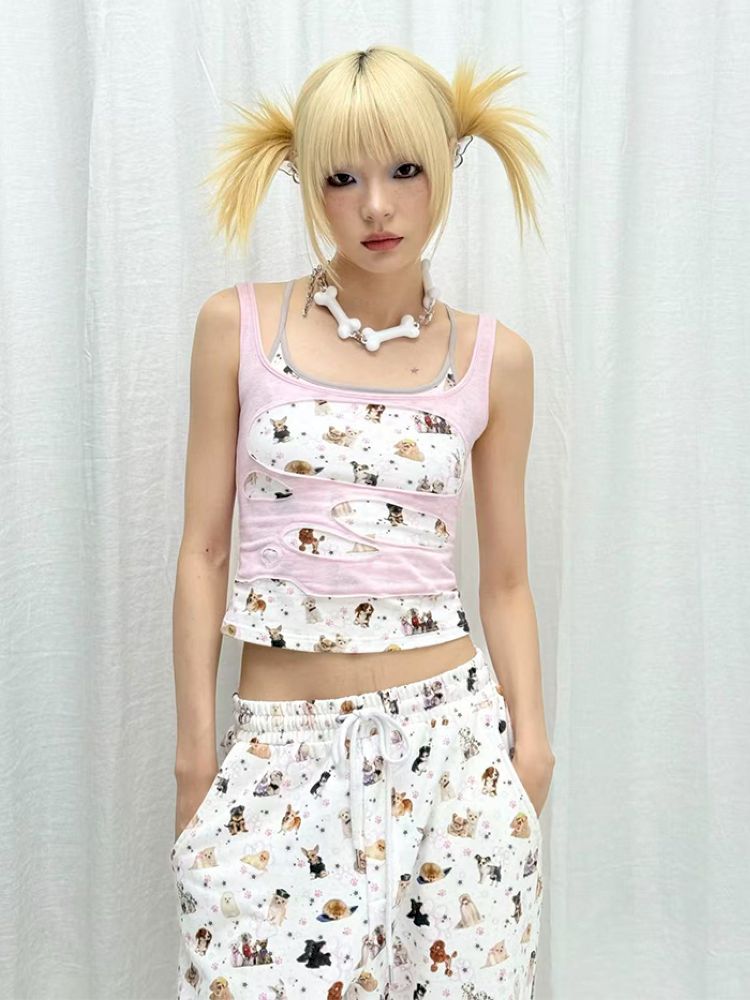 Dog Print False Two Piece Cami Tank Top【s0000013875】