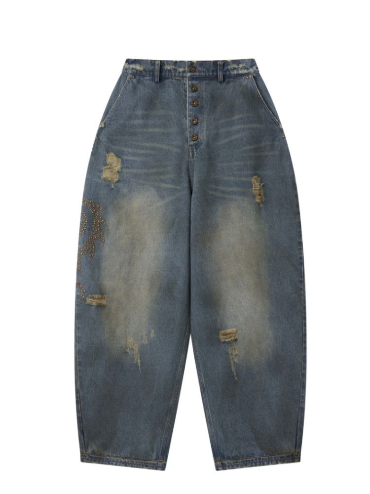 Distressed loose cuffed jeans【s0000012685】