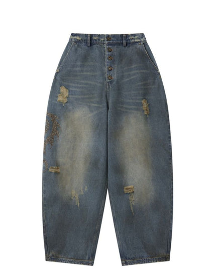 Distressed loose cuffed jeans【s0000012685】