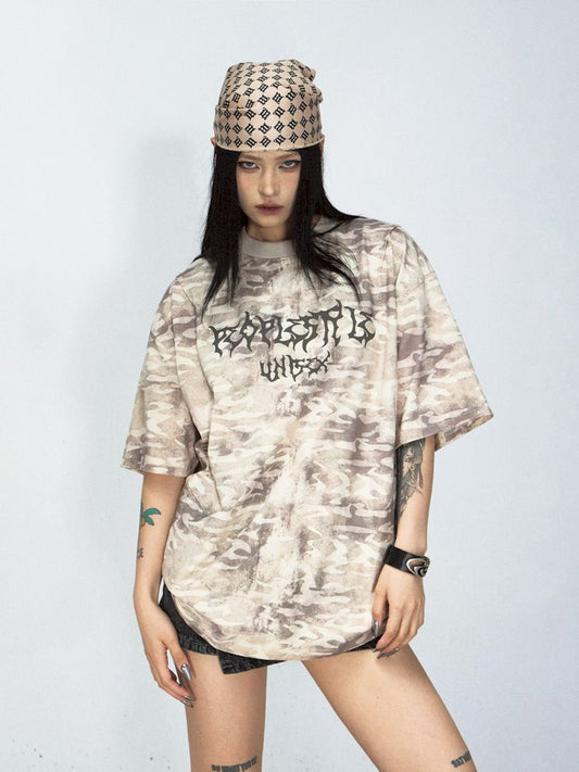 Camouflage punk letters do old washed T-shirt【s0000008486】
