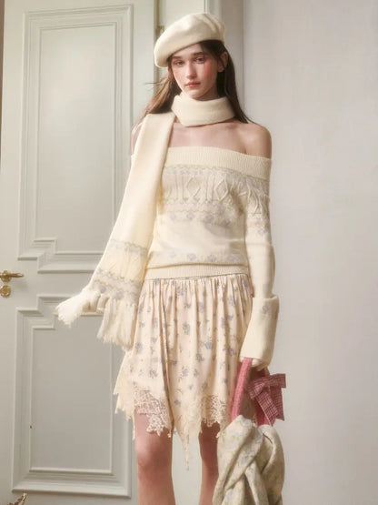 Fresh and Soft Cotton Sweater, Scarf, Floral Skirt【s0000014323】