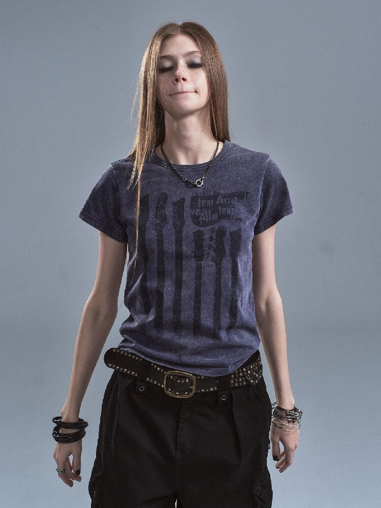 Old Bass Print Raw Edge T-shirt【s0000016898】