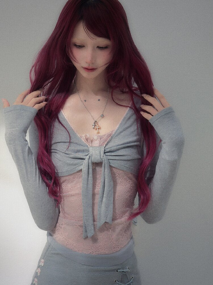 Gray Pink Patchwork Bow Strap Set【s0000019257】
