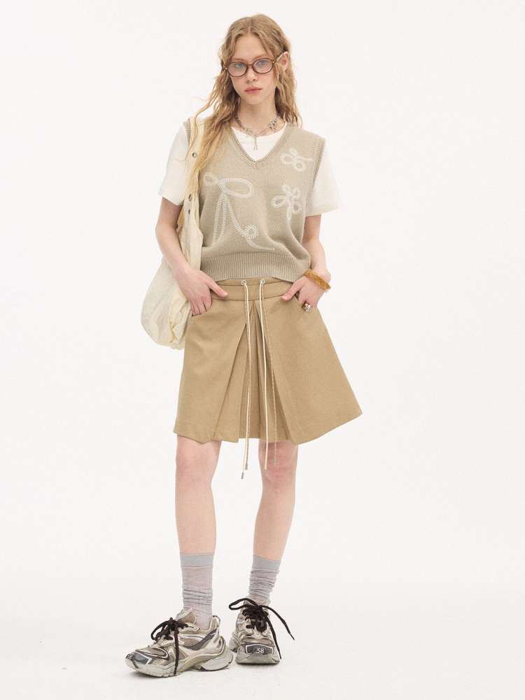 Contrast Strap Pleated A-line Skirt【s0000015414】