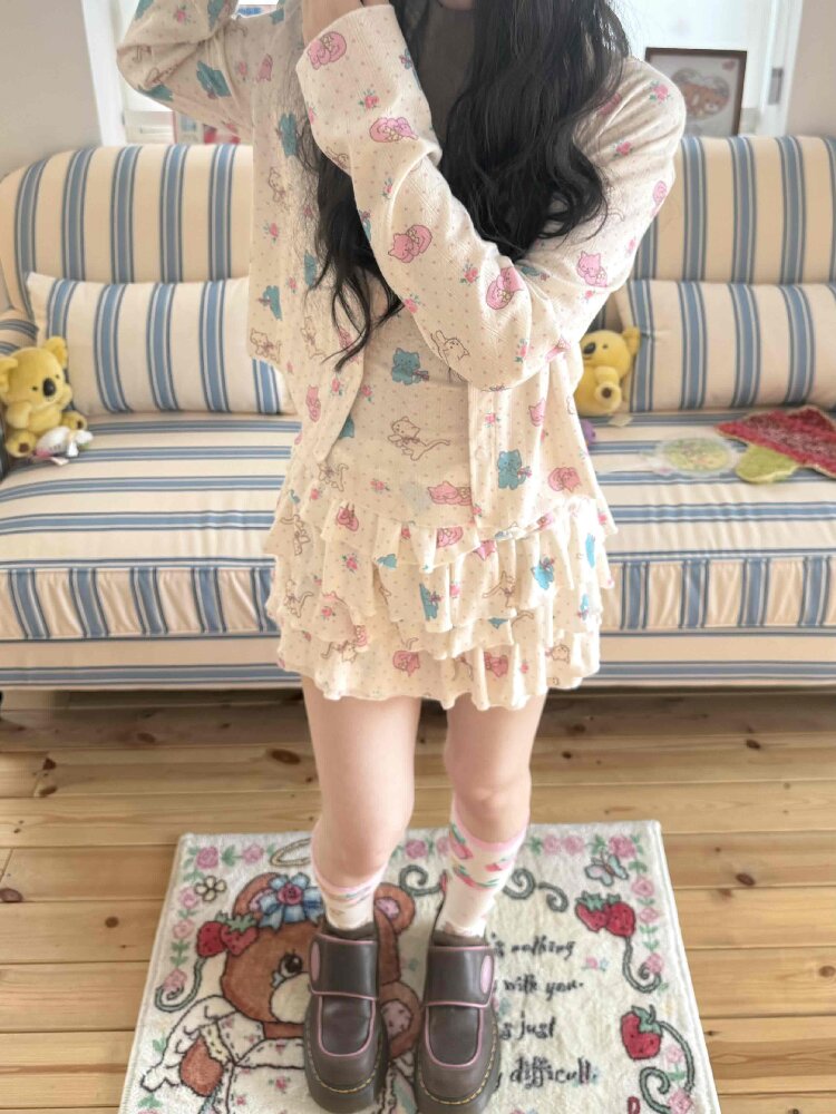 Cat Rose Print Cake Skirt Shorts【s0000017513】