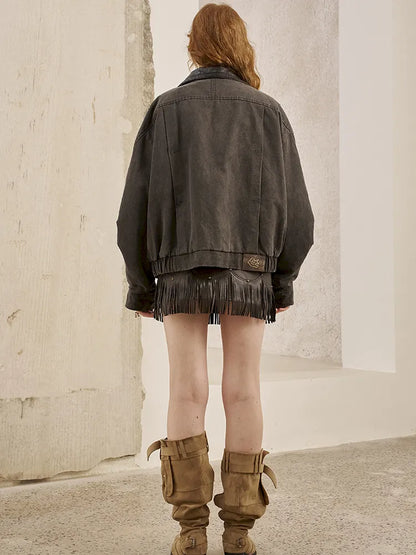 Padded Collar Patchwork Washed Denim Jacket【s0000014069】