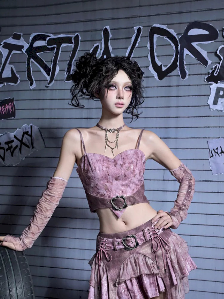 Puff Sleeve Heart-Print Strapless Two-Piece Top【s0000014027】