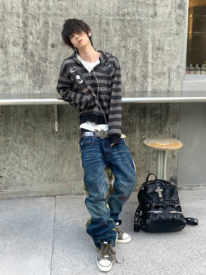 Striped Portrait Print Hooded Jacket【s0000019267】