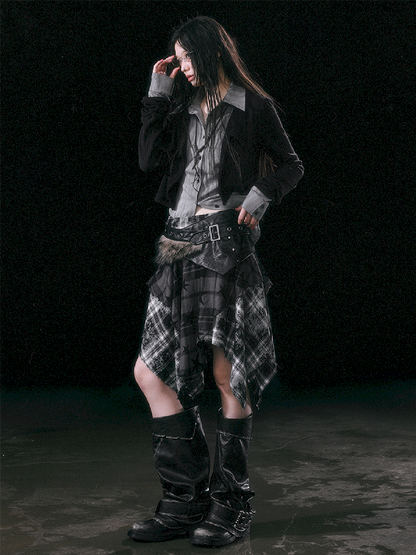 Star Plaid IRREGULAR RAW EDGE HALF SKIRT [S0000010750]