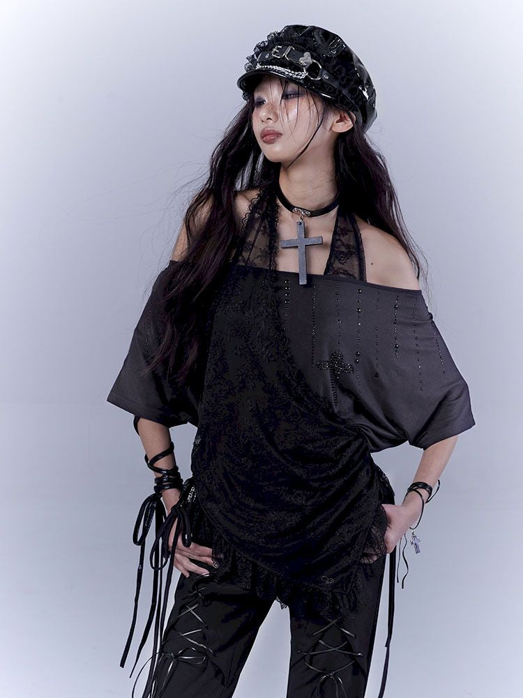 Lazy style rhinestone black T-shirt【s0000012844】