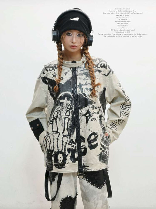 Old Printed Motorcycle Punk Thick Leather Jacket【s0000014829】
