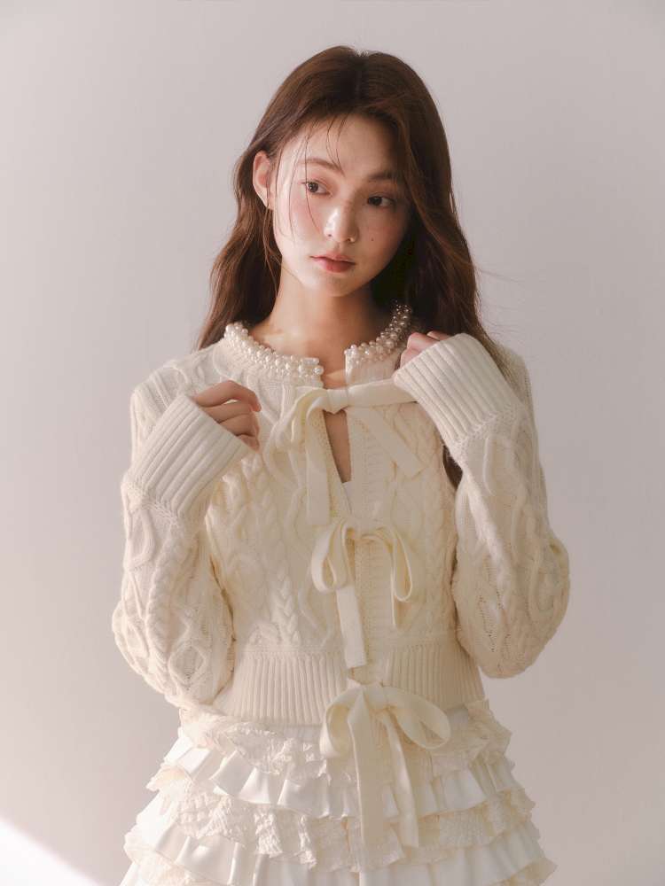 Crochet-Tied Bow Short Knit Cardigan【s0000014611】