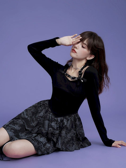 High Waist Hanging Neck Long Sleeve Dress【s0000005035】