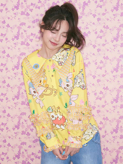 Yellow Ruffled Critter Print Shirt【s0000015032】