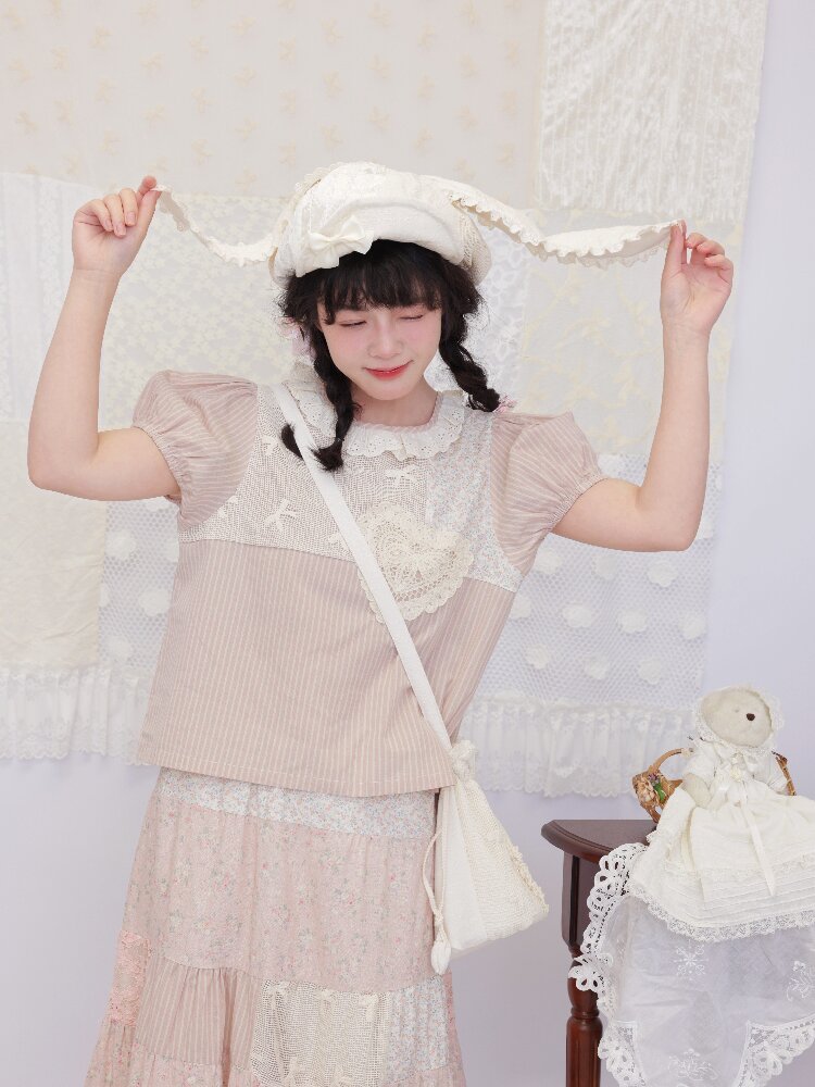 Striped Floral Patchwork Shirt【s0000016509】